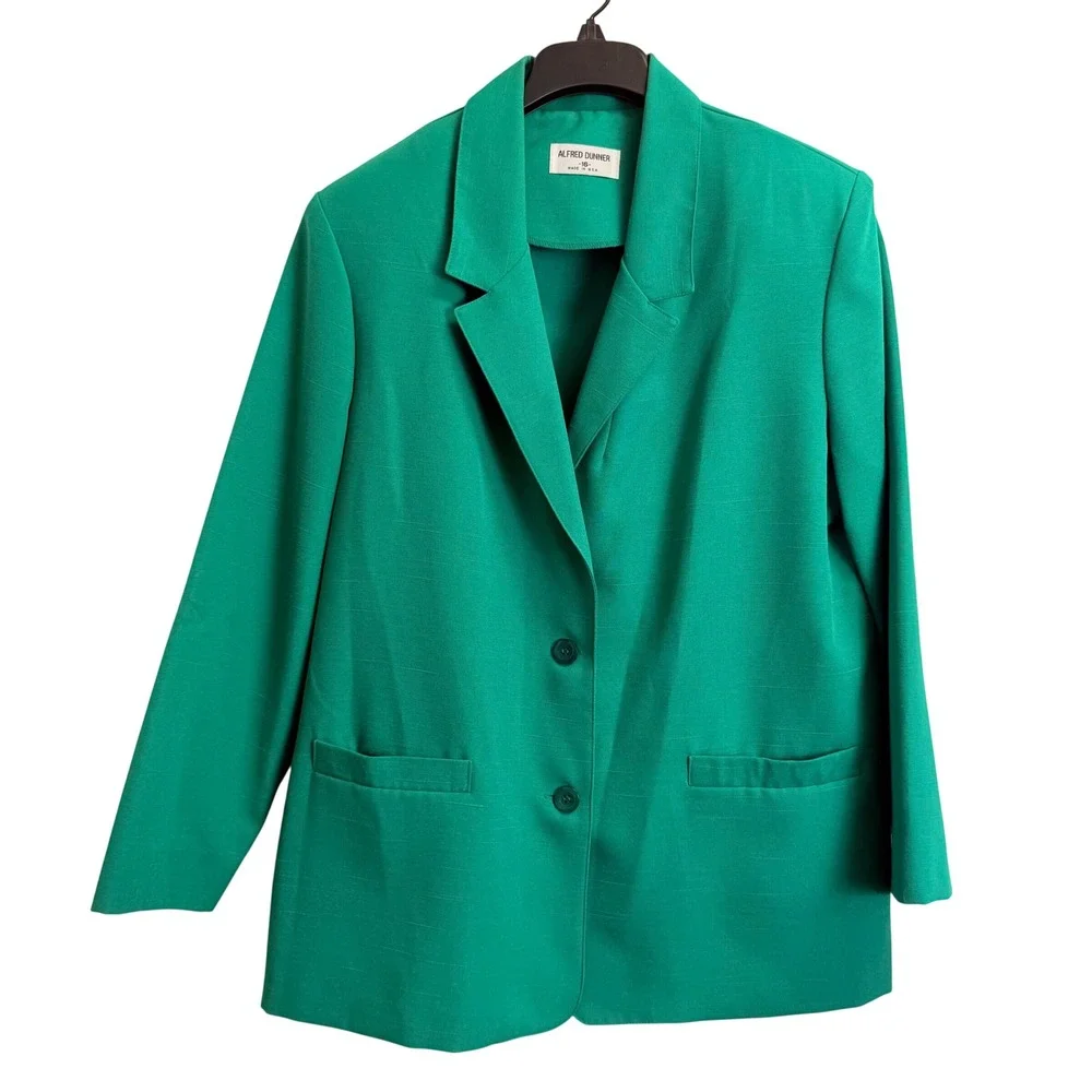 Alfred Dunner Green Skirt Suit Set 16 Vintage Blazer Elastic Waist Skirt USA